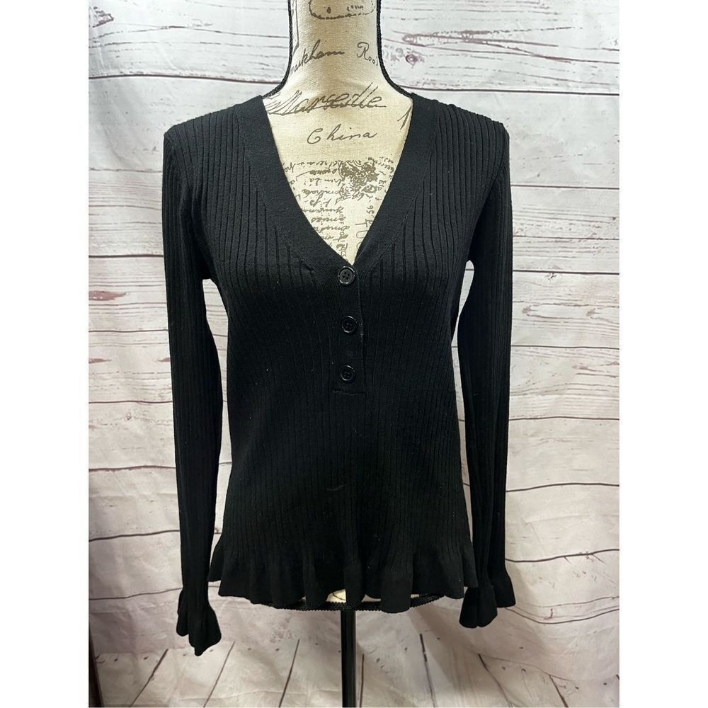 Lulus large black 1/4 button pullover sweater, with ruffles on bottom edge (#198